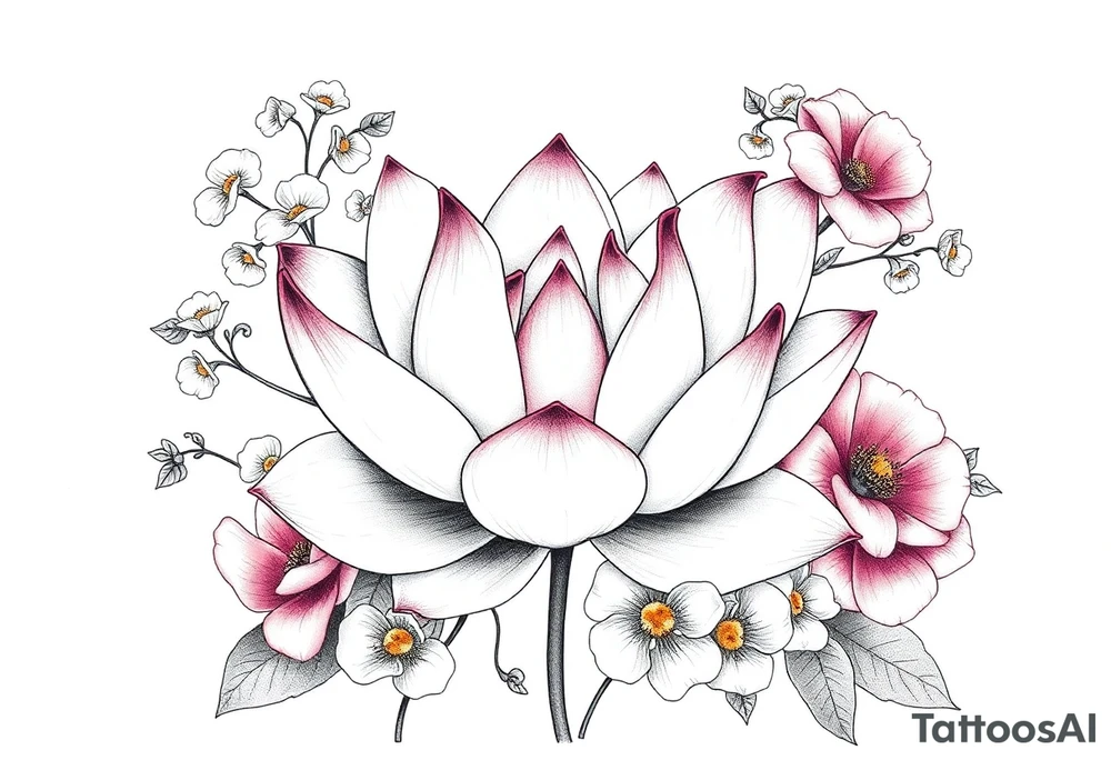 Lotus flower surrounded by forget me nots and peonies tattoo idea