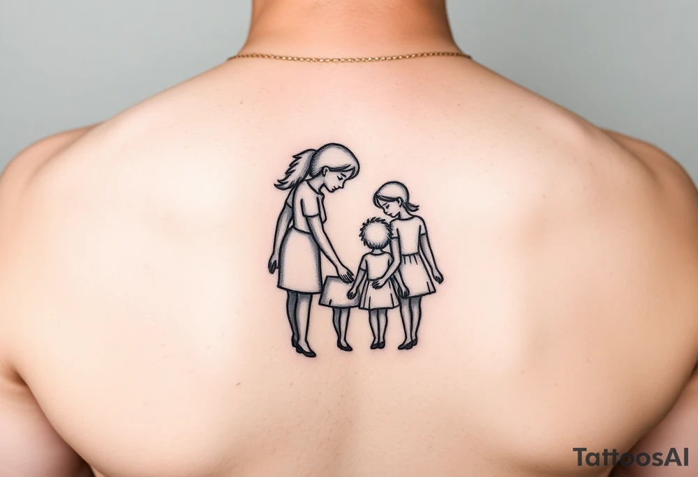 Stylised family symbolising two parents and two children touching their heads in a circle, closing off the rest of the world. tattoo idea