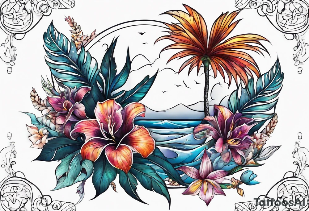 sea,, night, flower, palm, tattoo idea