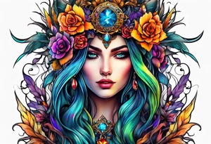 A fairy/witch with a Lot of collors, make It look mystic and really colorful tattoo idea