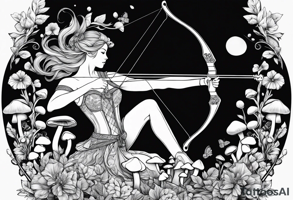 Recurve bow and arrow, mushrooms, fairies tattoo idea