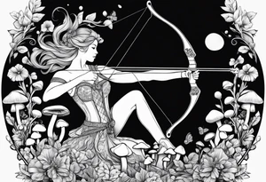 Recurve bow and arrow, mushrooms, fairies tattoo idea