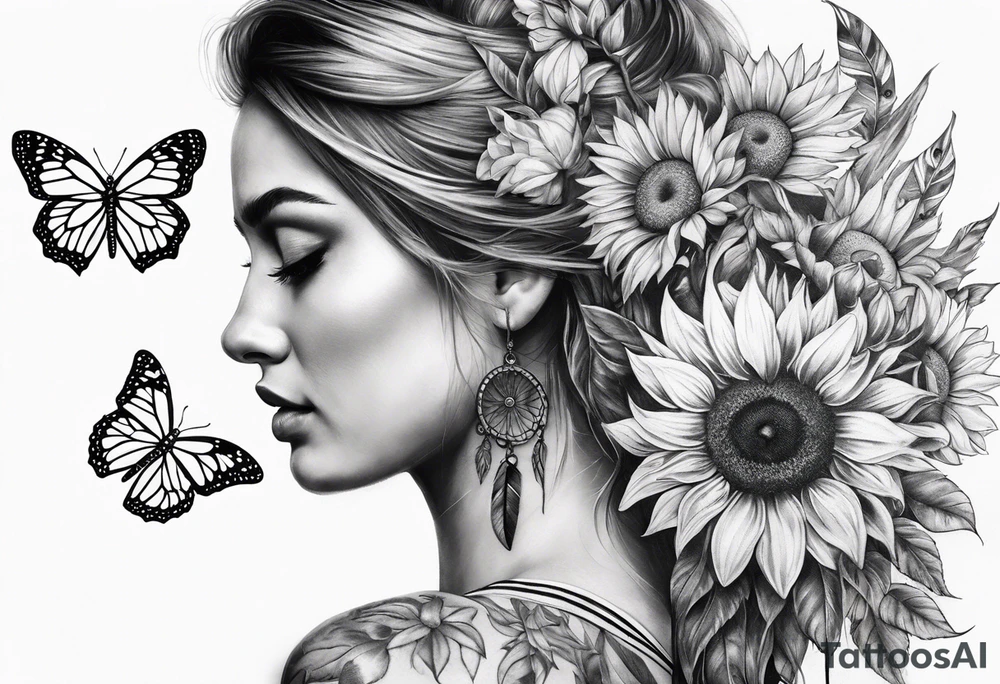 arm sleeve with dreamcatcher, rainbow sunflowers and one butterfly tattoo idea