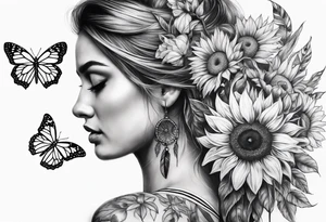 arm sleeve with dreamcatcher, rainbow sunflowers and one butterfly tattoo idea