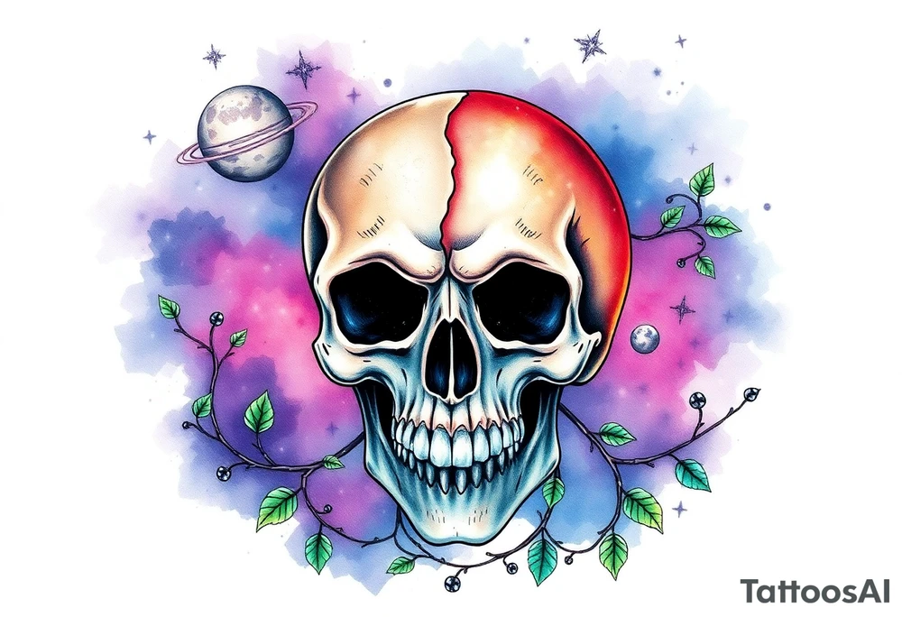 gothic skull as the moon and life as the sun. intertwined with climbing  vines as space dust connecting planets and galaxy in background of skull really bright colors used for the planets and stars shade's of Purple, Blue and black as the backdrop for galaxy tattoo idea