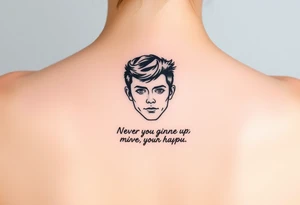 Young Rick Astley Face with Never Gonna Give You Up text tattoo idea