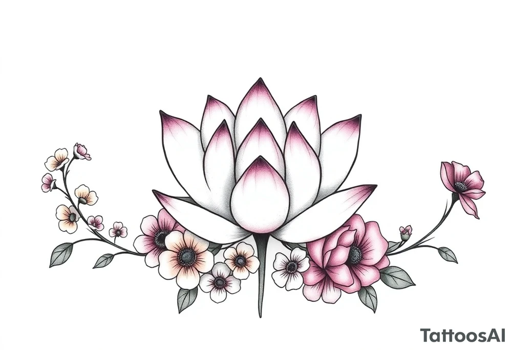 Lotus flower surrounded by forget me nots and peonies tattoo idea
