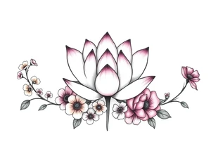 Lotus flower surrounded by forget me nots and peonies tattoo idea