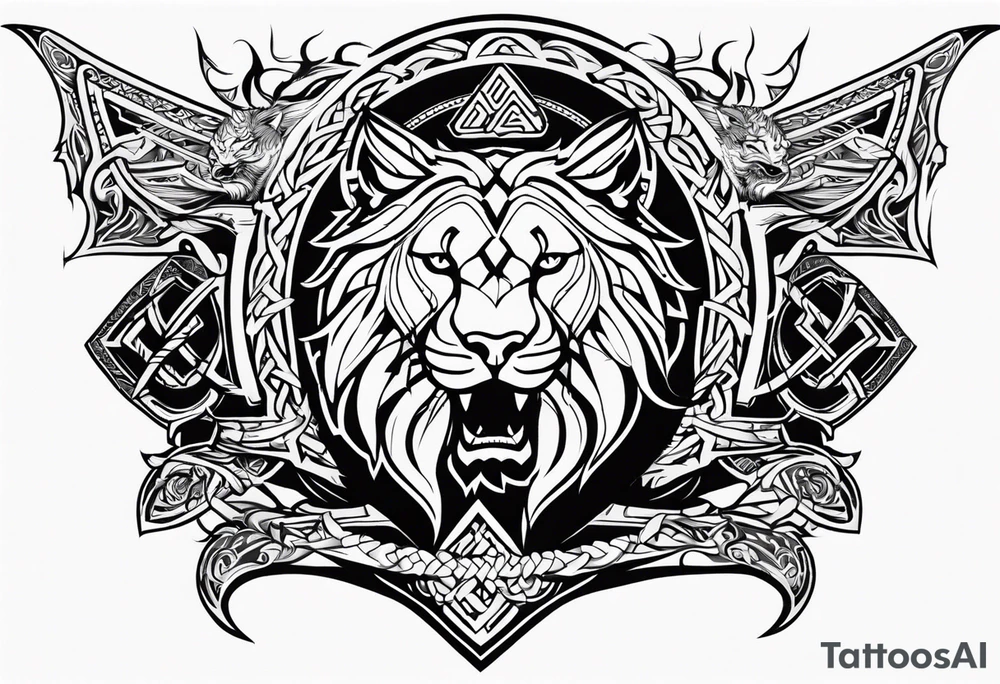Valhalla sword shield dragon axe Valknut tribal lion tattoo idea Valhalla sword shield dragon axe Valknut tribal lion tattoo idea