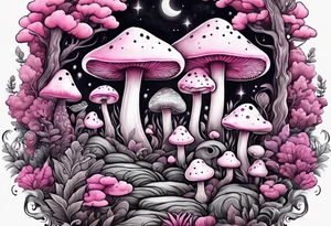 pink and white mushroom forest, smoke coming from caterpillars mouth tattoo idea