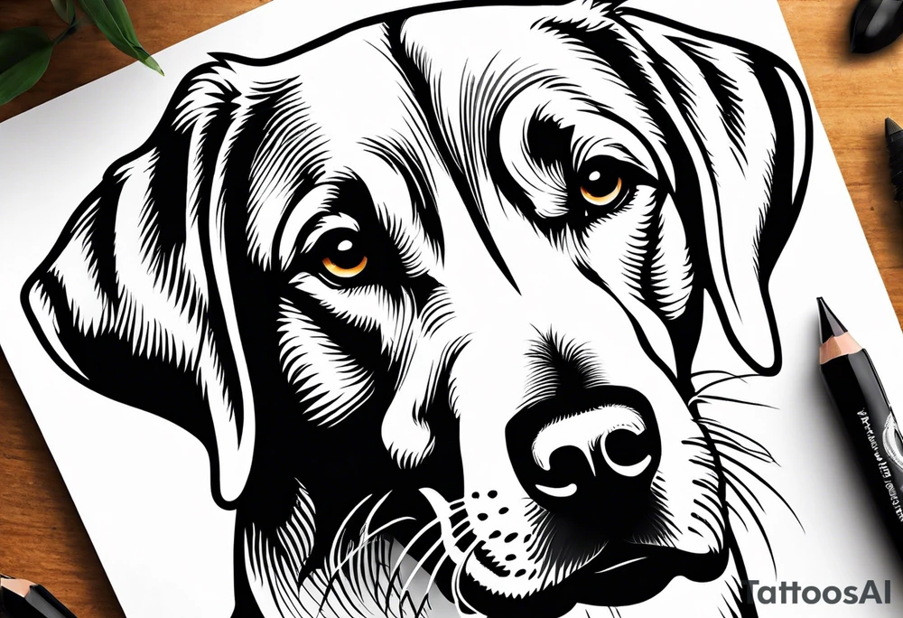 Create a tattoo of a silver labrador's face inside of a paw print in a realism tattoo style. tattoo idea