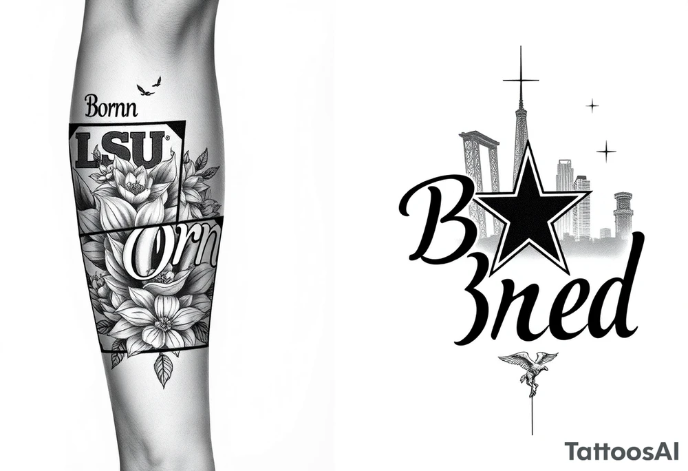 Calf sleeve, black and grey ink. The word “ “Born” outlined boldly on one side and “Bred” outlined boldly on the other side. 
The side with “Born” surrounded by Louisiana artifacts such as LSU logo, SU logo, a detailed magnolia flower, and Mississippi River bridge in the backdrop. 
On the side with the word Bred, Dallas skyline in the background with a Dallas cowboys star somewhere as well as a Pegasus logo. I would like a sleeve on the lower leg tattoo idea