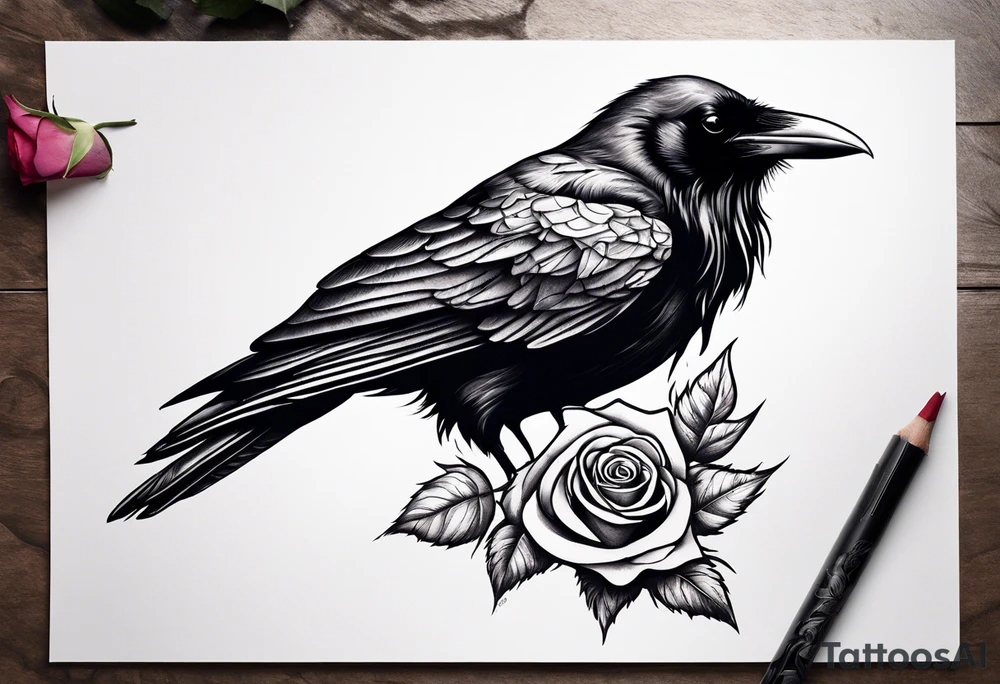 Raven looking back over shoulder with a rose underneath it tattoo idea