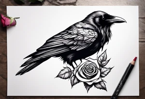 Raven looking back over shoulder with a rose underneath it tattoo idea