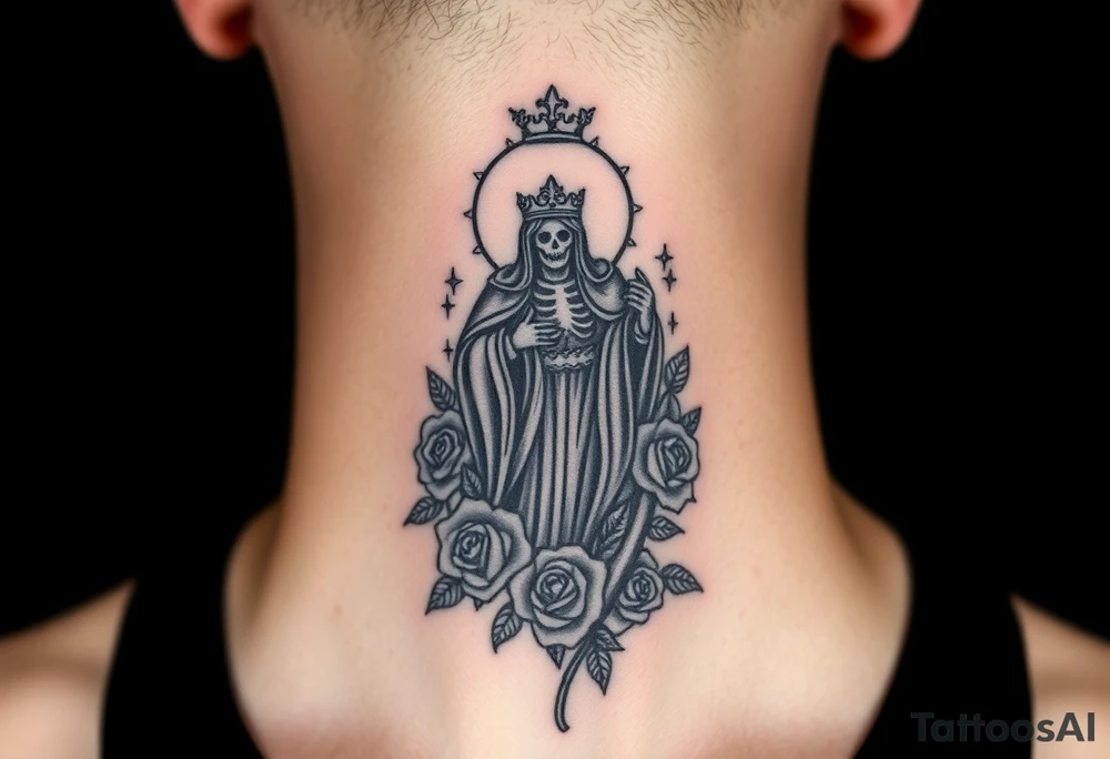 Evil Santa muerte rising out of smoke surrounded by 
 roses tattoo idea