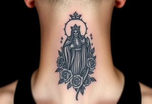 Evil Santa muerte rising out of smoke surrounded by 
 roses tattoo idea