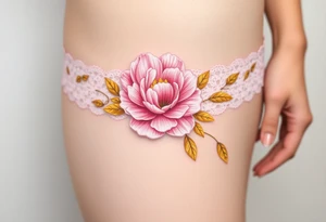 A soft peony lace garter tattoo with pastel pink petals, wrapping gently around the thigh with golden leaves for a soft, feminine touch tattoo idea