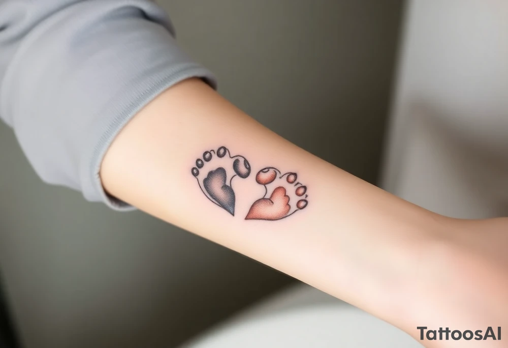 A tattoo of two paws forming a heart, one in a realistic fur texture and the other in a simple outline, symbolizing the contrast between reality and memory tattoo idea