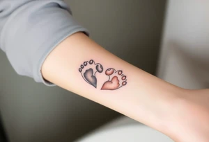 A tattoo of two paws forming a heart, one in a realistic fur texture and the other in a simple outline, symbolizing the contrast between reality and memory tattoo idea