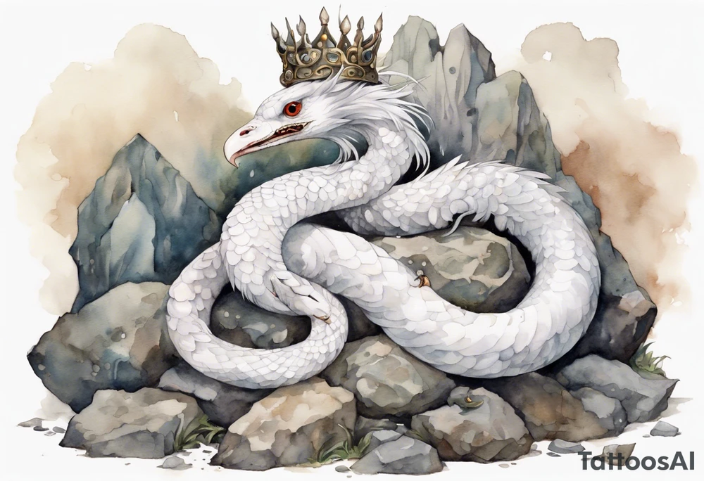 a white bird-serpent hybrid, wearing a pewter crown on its head, resting on a large stone tattoo idea