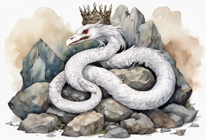 a white bird-serpent hybrid, wearing a pewter crown on its head, resting on a large stone tattoo idea