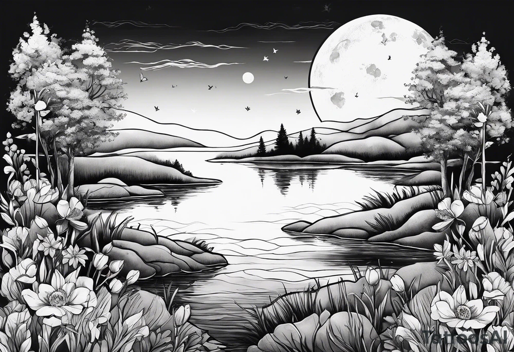 Secret, hidden garden, flowers, lake, daylight moon, more flowers love tattoo idea