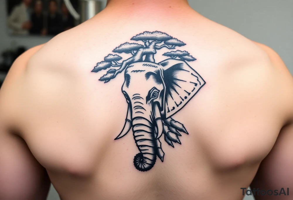 Head of an elephant with bonsai tree behind it Japanese style tattoo idea