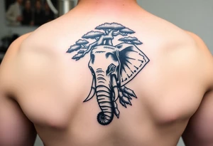 Head of an elephant with bonsai tree behind it Japanese style tattoo idea