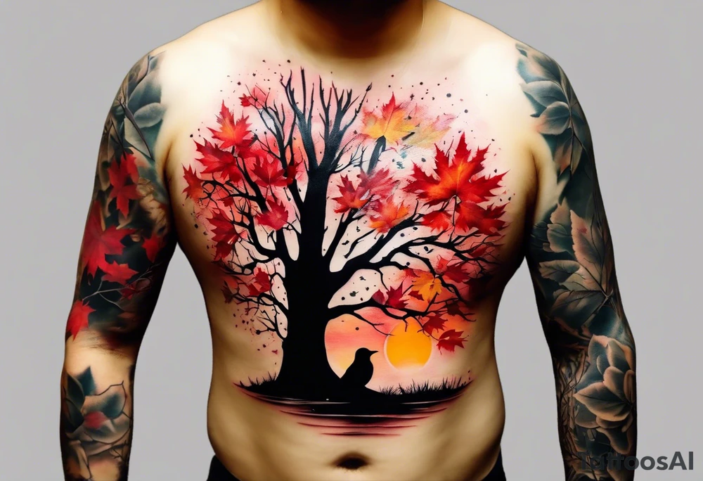 trash polka style. Arm tattoo. chest tattoo. Long tattoo. large tattoo. Full sleeve. Shoulder. A single large maple tree with red autumn leaves that branches upwards from wrist to shoulder. White-throated dipper bird on the trees branches. Calluna flowers at the base of the trees stem. Red/yellow sunset behind the trees stem. Leaves falling. tattoo idea