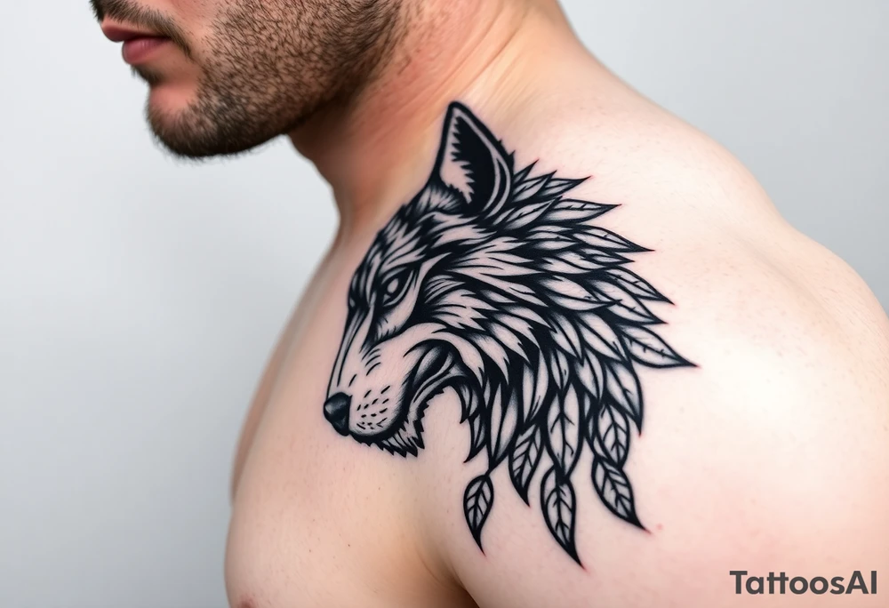Wolf right side of the face abstract inspired direwolfs from Game of Thrones, abstract lines add leaves around it, do it detailed and majestic tattoo idea