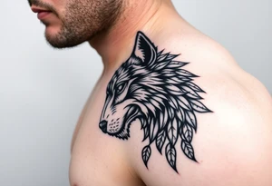 Wolf right side of the face abstract inspired direwolfs from Game of Thrones, abstract lines add leaves around it, do it detailed and majestic tattoo idea