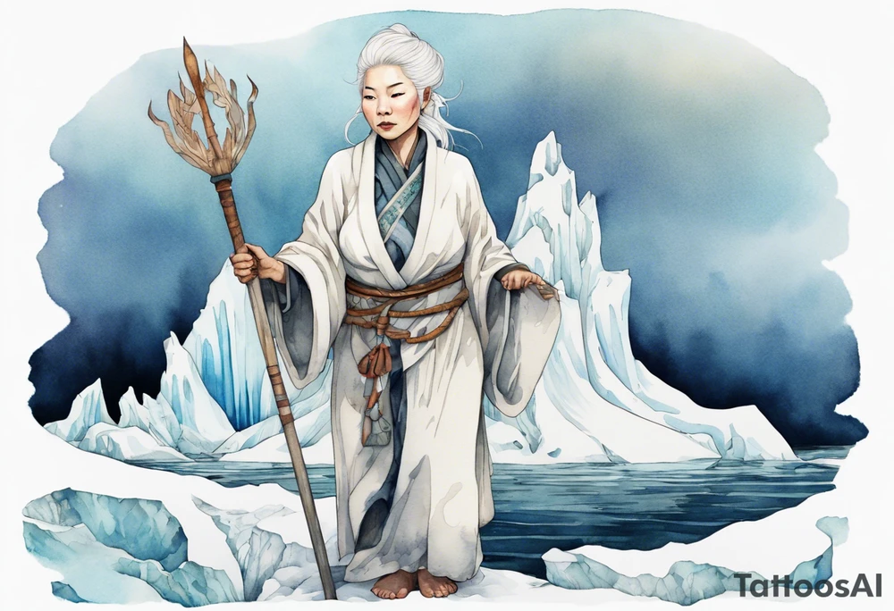 a 40 year old Inuit woman with white hair and a white robe holding a white staff, standing on an iceberg tattoo idea