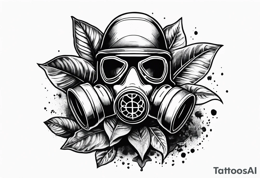 a dying plant in dirt with a gasmask next to it tattoo idea