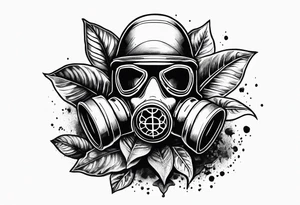 a dying plant in dirt with a gasmask next to it tattoo idea