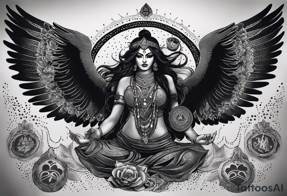 black kali, goddess pirate, alien, angel, pachamama, valkrye, warrior, flying, skull, lotus azul, wing, eagle, zenza resonance, stars, 5D, anahata chakra, death, durga, riding on a tiger, flying lady, kundalini, chest tatoo, samuri, rebel,s erpent tattoo idea