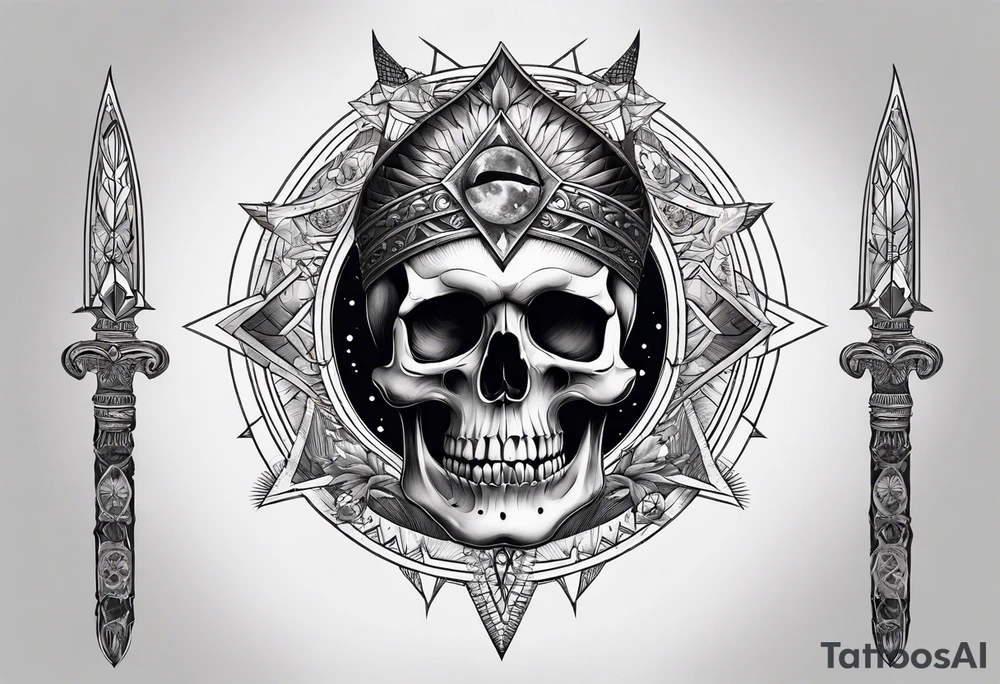 Skull with third eye and dagger through it with the phases of the moon at the bottom tattoo idea