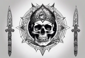 Skull with third eye and dagger through it with the phases of the moon at the bottom tattoo idea
