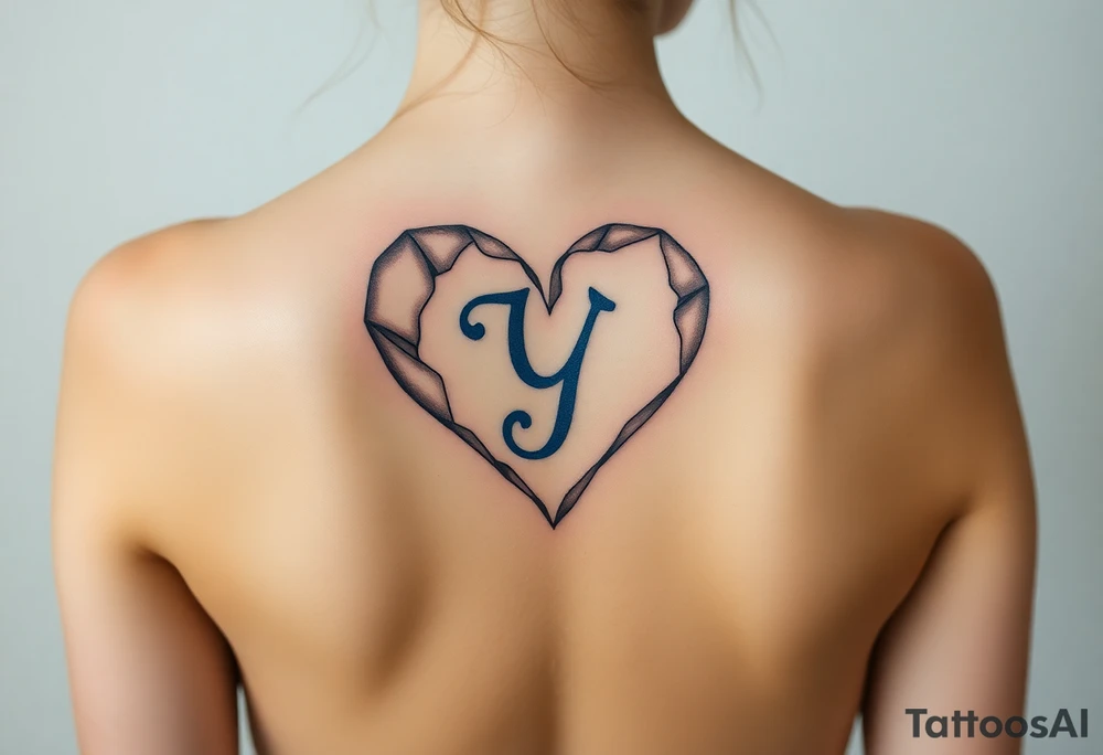 A shattered glass heart with the letter "Y" in blue, symbolizing love’s fragility and strength. tattoo idea