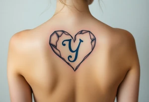 A shattered glass heart with the letter "Y" in blue, symbolizing love’s fragility and strength. tattoo idea