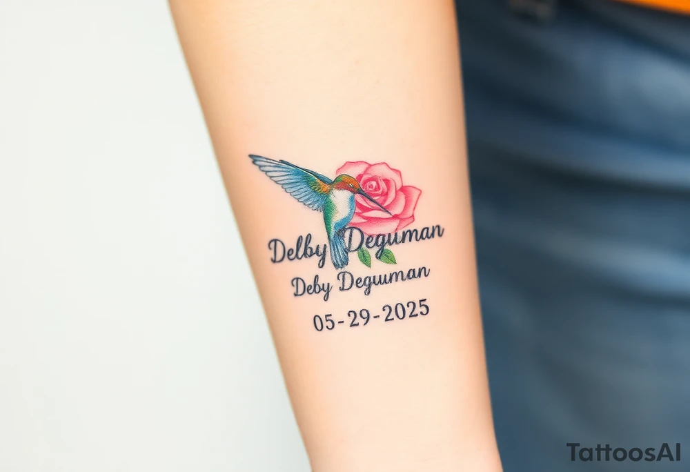A tattoo on the forearm with the name Debby Deguzman with a humming bird and a rose 08-17-1961 to 05-29-2025 tattoo idea