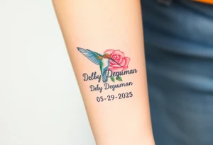 A tattoo on the forearm with the name Debby Deguzman with a humming bird and a rose 08-17-1961 to 05-29-2025 tattoo idea