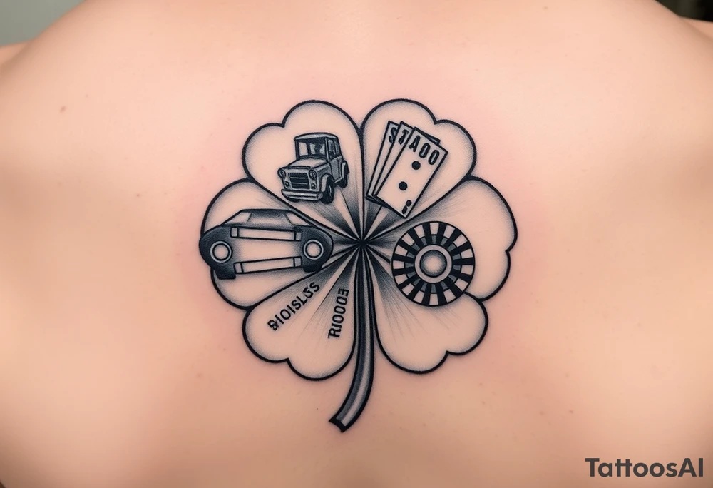 A four-leaf clover with a slot machine, a pack of cars, a pair of dice, and a roulette table in each leaf tattoo idea