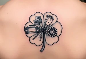 A four-leaf clover with a slot machine, a pack of cars, a pair of dice, and a roulette table in each leaf tattoo idea
