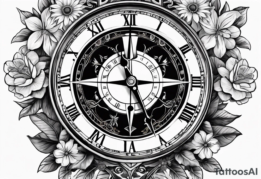 combination of a nautical compass and a old school clock face, with a doctor bird, tree of life and decorated with lignum vitae flowers, 3/4 sleeve on arm, flowing all together tattoo idea