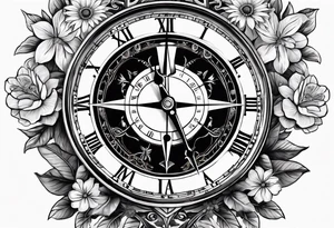 combination of a nautical compass and a old school clock face, with a doctor bird, tree of life and decorated with lignum vitae flowers, 3/4 sleeve on arm, flowing all together tattoo idea