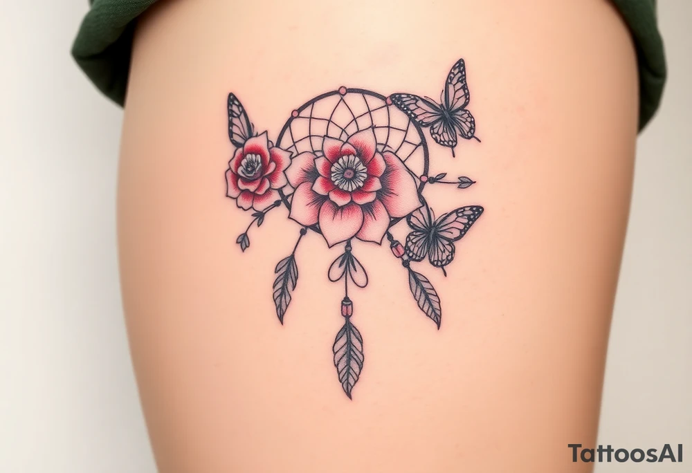 Dreamcatcher roses and butterflies tattoo idea