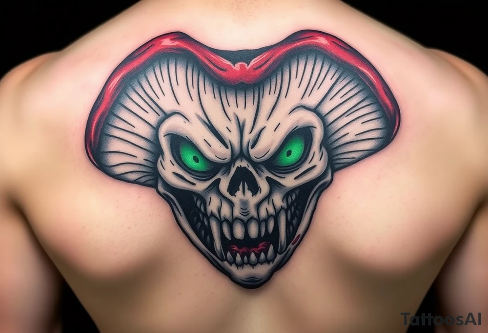 *"A realistic yet caricature-style human-faced mushroom, sinister demonic expression, glowing hollow eyes, jagged teeth, and wrinkled skin texture. Dark fantasy theme, black and blood-red ink with subtle green shadows (like bioluminescent decay).
Small tattoo design (5-7 cm), intricate shading (cross-hatching and stippling), inspired by Victorian grotesque illustrations and Tim Burton's style. Do not make it cute; focus on horror and uncanny vibes."* tattoo idea