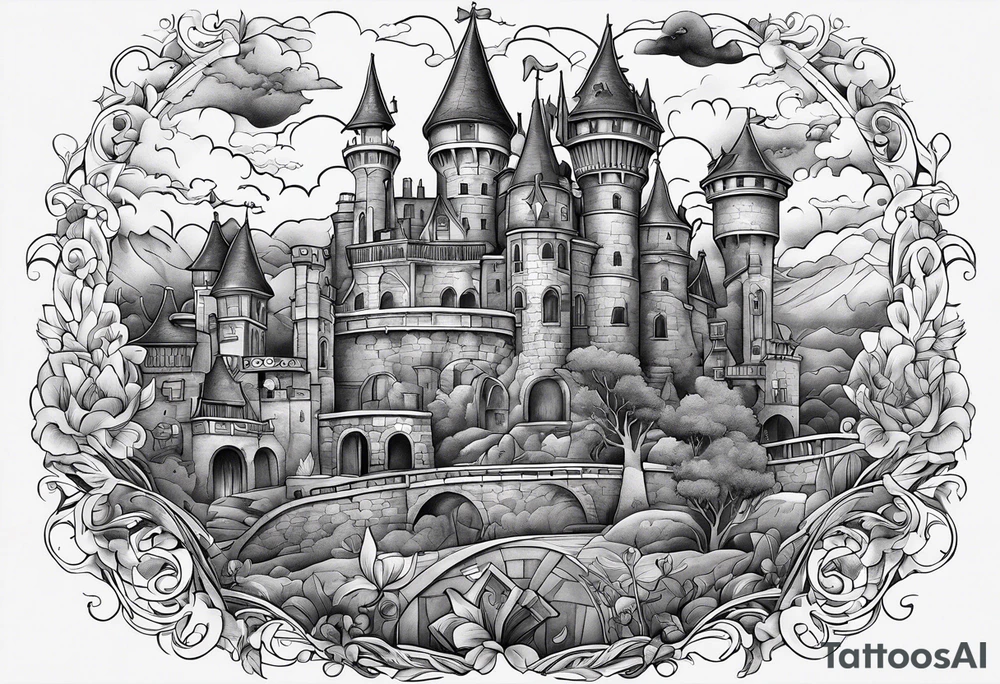 The words "Why not now?" are surrounded by Howel's moving castle tattoo idea The words "Why not now?" are surrounded by Howel's moving castle tattoo idea