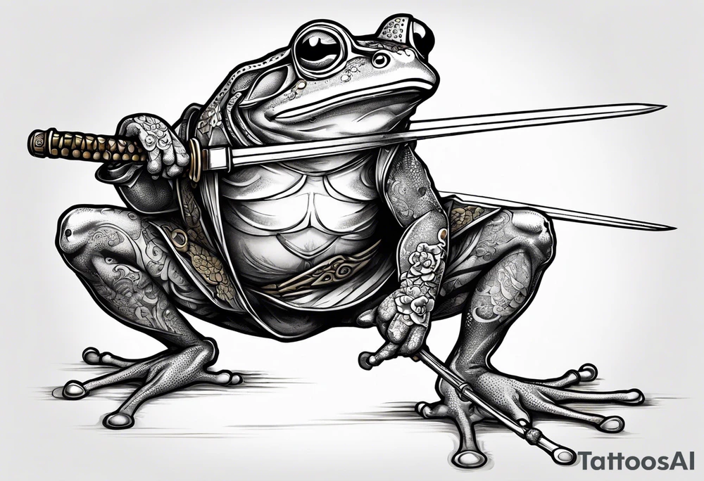 Samurai Frog with Japanese tattoos stand on one leg  with a tattoo needle instead of a sword tattoo idea