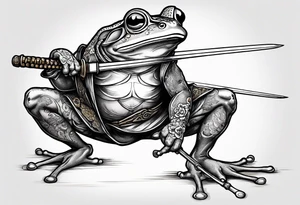 Samurai Frog with Japanese tattoos stand on one leg  with a tattoo needle instead of a sword tattoo idea